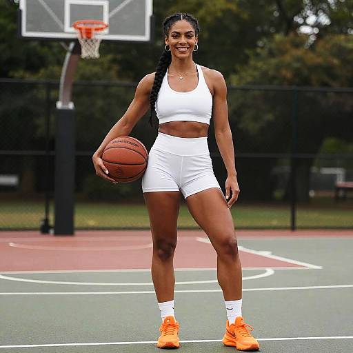 Fit Woman Holding Basketball on Outdoor Court in White Activewear