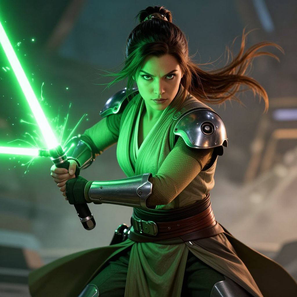 Woman Warrior with Green Dual Lightsaber in Futuristic Armor