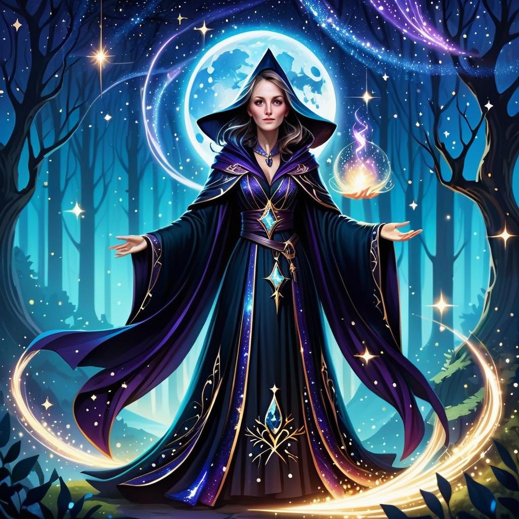Mystical Woman in Enchanted Forest Under Full Moon