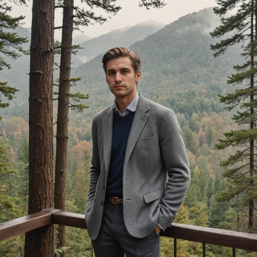 Thoughtful Man in Grey Blazer on Balcony Overlooking Forest