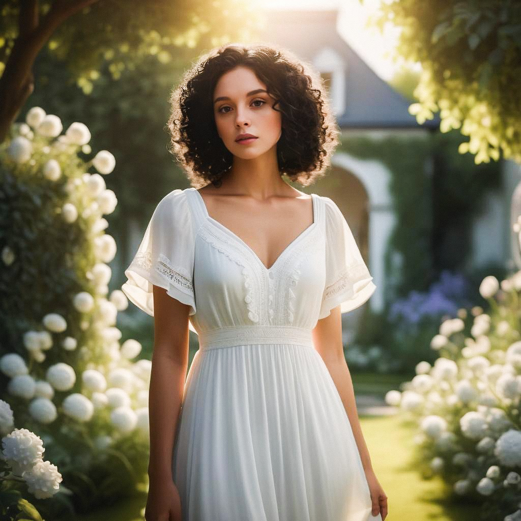 Woman in White Dress in Sunlit Garden Woman in White Dress in Sunlit Garden