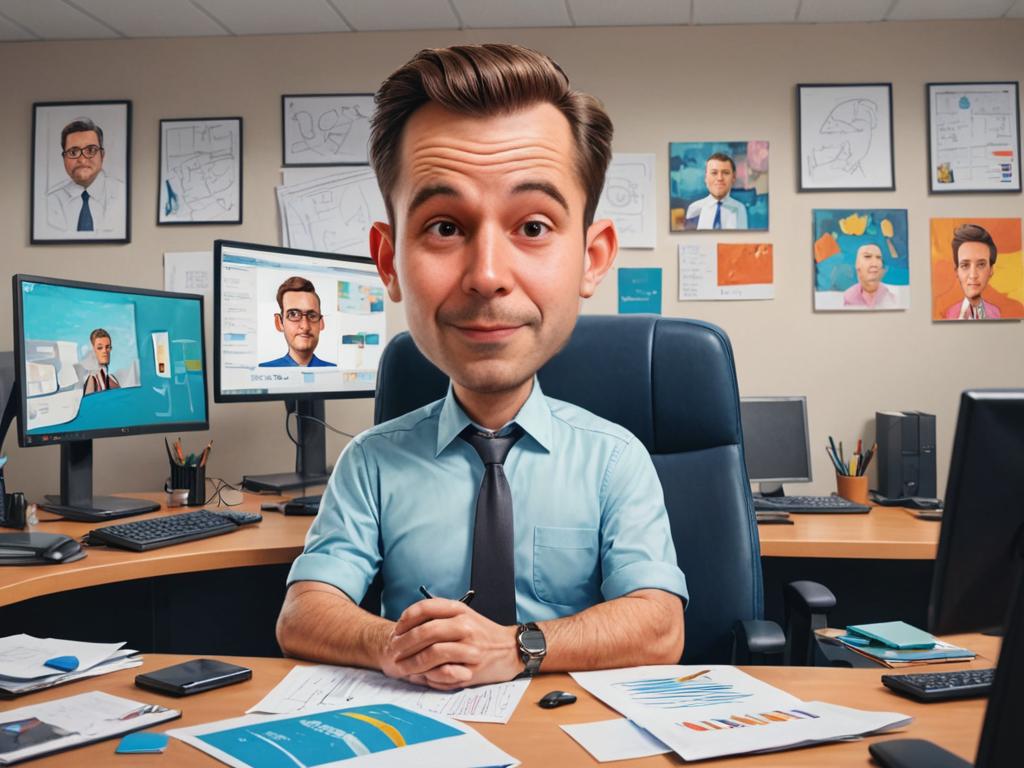 Whimsical office caricature with multiple self-portraits