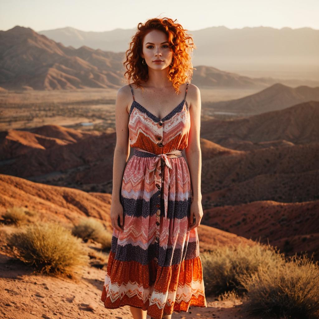 Redhead Woman in Patterned Dress Standing in Sunset Desert Landscape