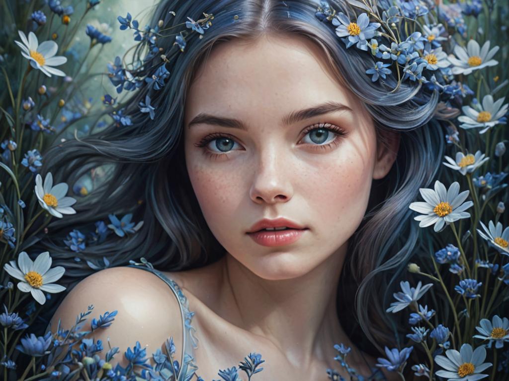 Pretty Woman with Blue Hair in Wildflowers