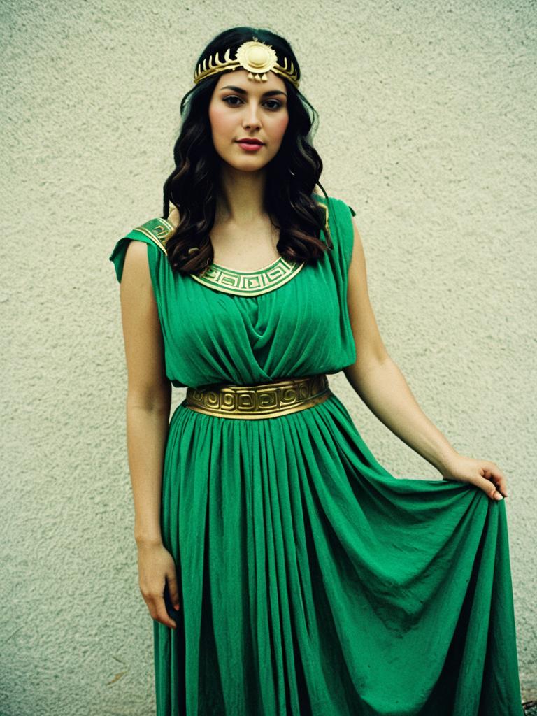 Woman Wearing Green Greek Goddess Costume with Gold Accents