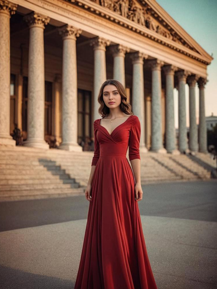 Elegant Woman in Red Gown at Neoclassical Building