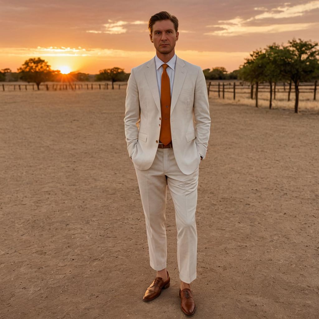 Man in White Suit with Orange Tie at Sunset