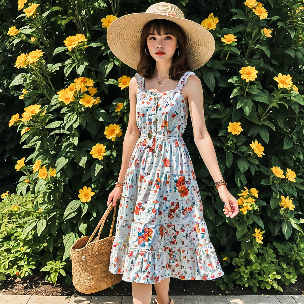 Stylish Woman in Floral Dress in Garden