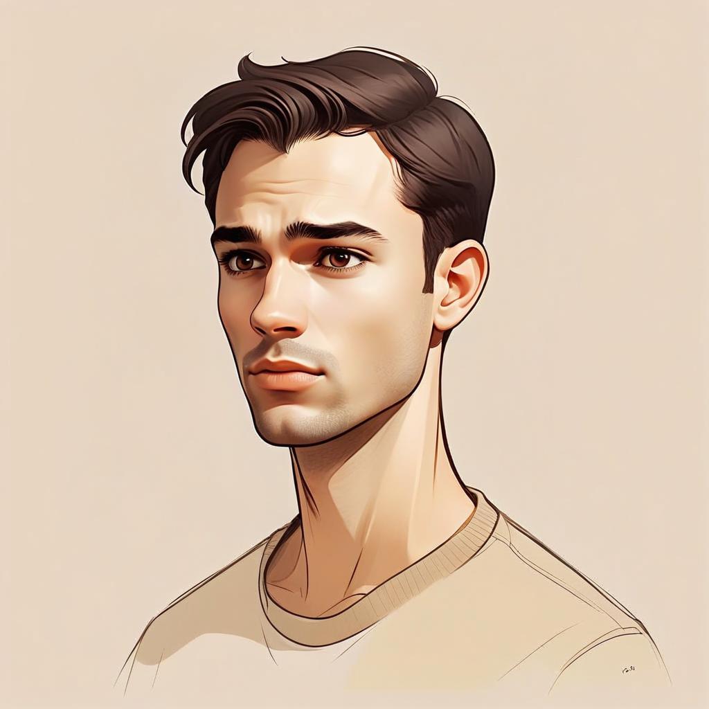 Portrait Illustration of Young Man with Dark Hair in Cartoon Style