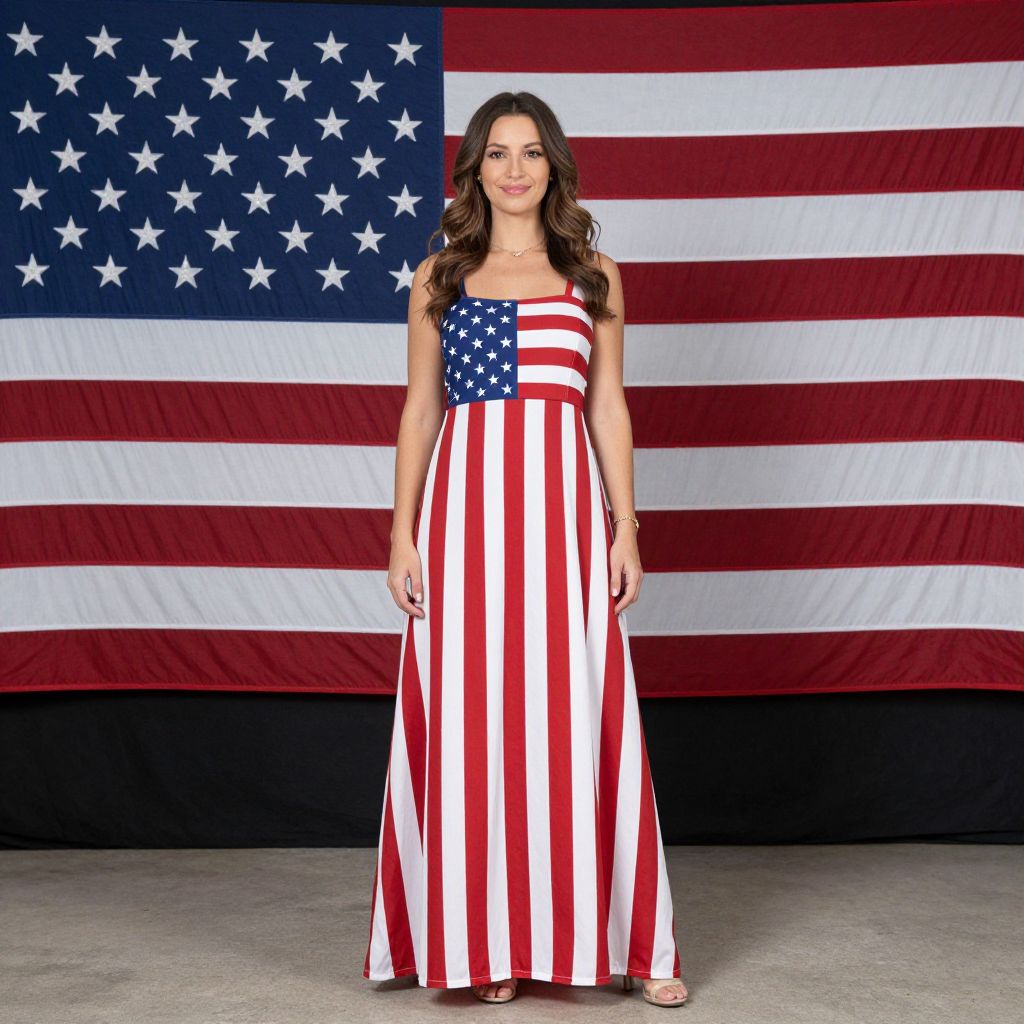 Patriotic Woman Wearing American Flag Dress in Front of US Flag Background
