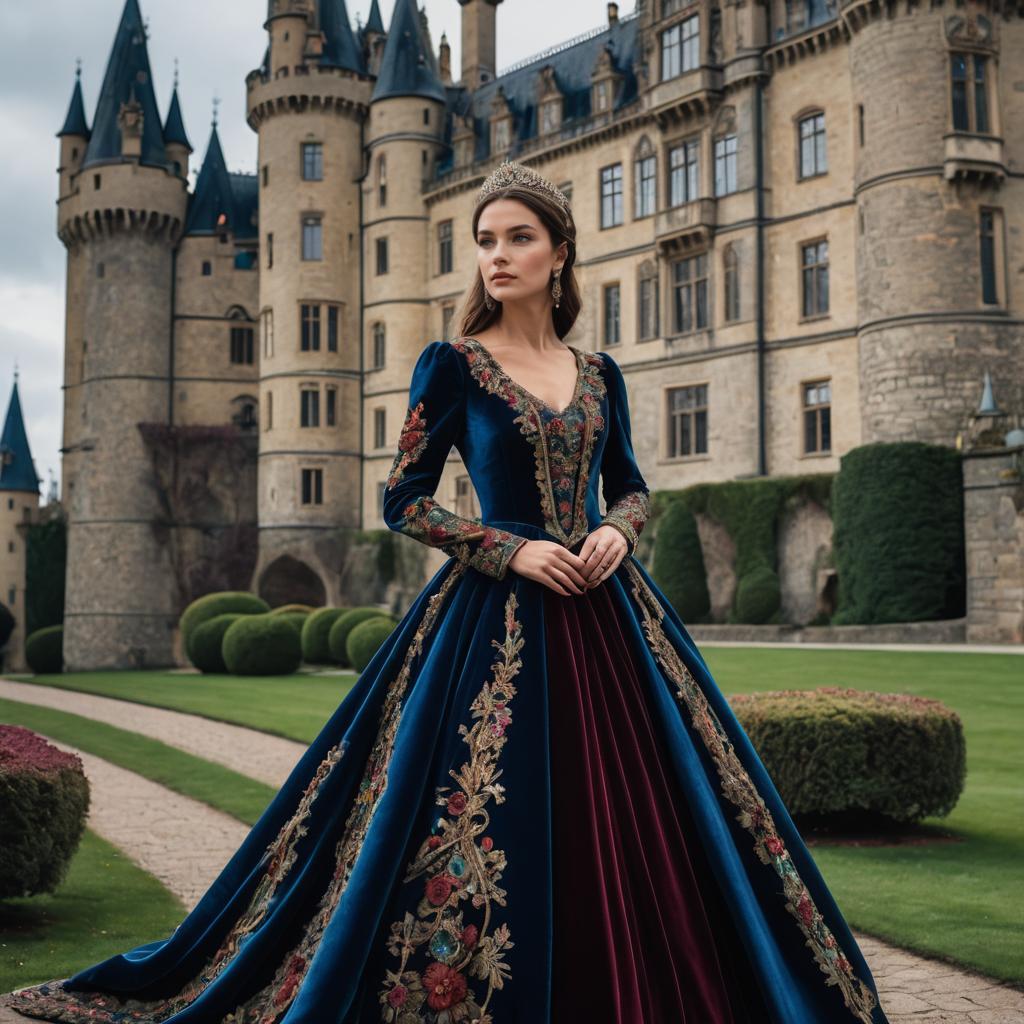 Regal Woman in Embroidered Gown at Grand Castle