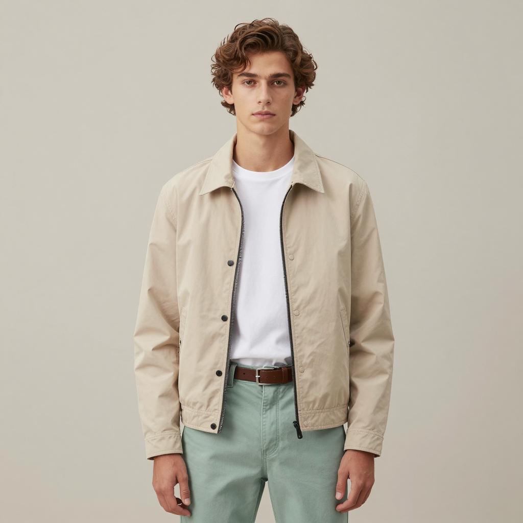 Young Man Wearing Beige Jacket and Light Green Pants in Casual Minimalist Style