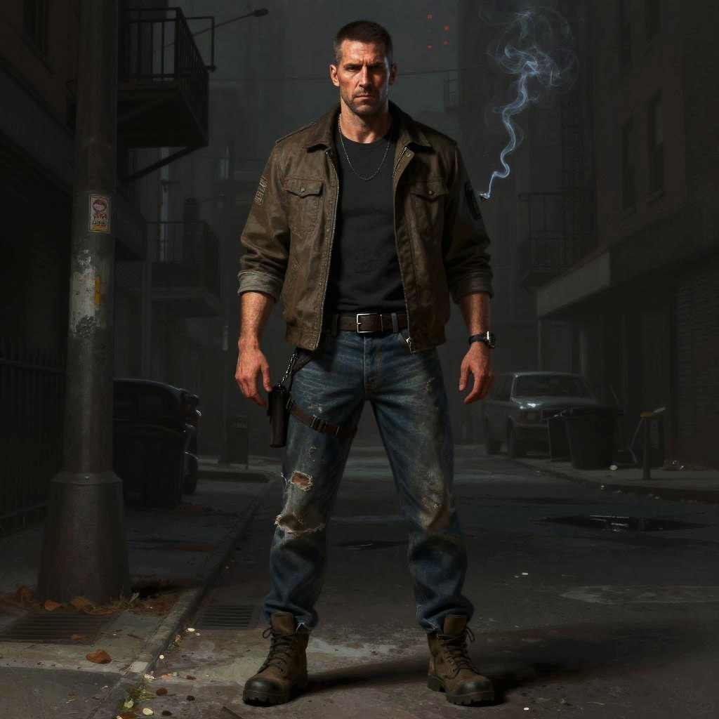 Gritty Urban Man in Leather Jacket Standing in Dark Alley