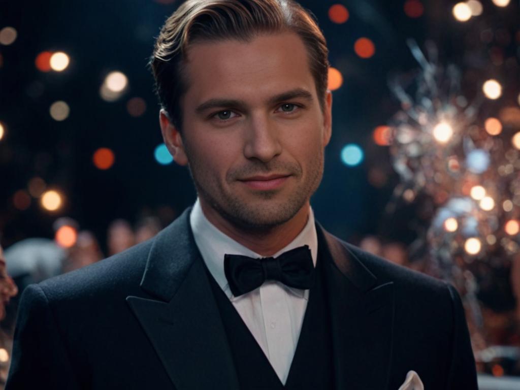 Dapper Man in Tuxedo with Sparkling Backdrop