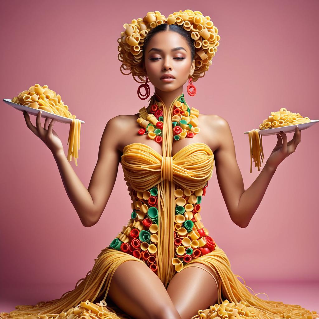 Woman in Pasta Dress Holding Plates Against Pink Backdrop