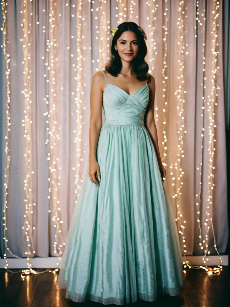 Woman in Elegant Mint Green Evening Gown With Fairy Lights Background