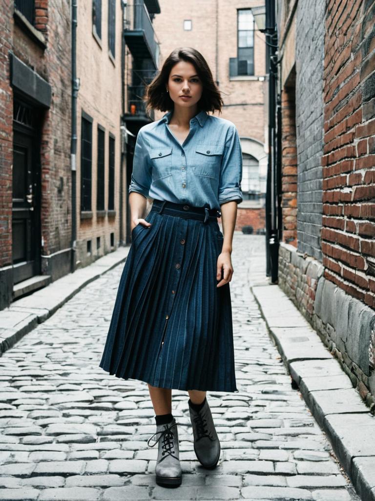 Woman Walking in Urban Alleyway Wearing Denim Shirt and Pleated Skirt