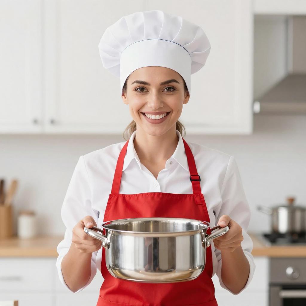 Joyful Woman Chef Holding Stainless Steel Pot in Modern Kitchen