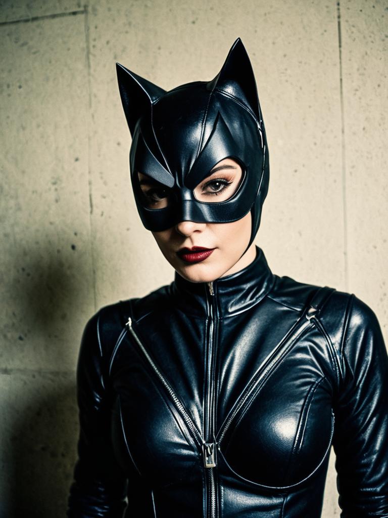 Woman in Male Catwoman Costume Black Leather Catsuit and Mask