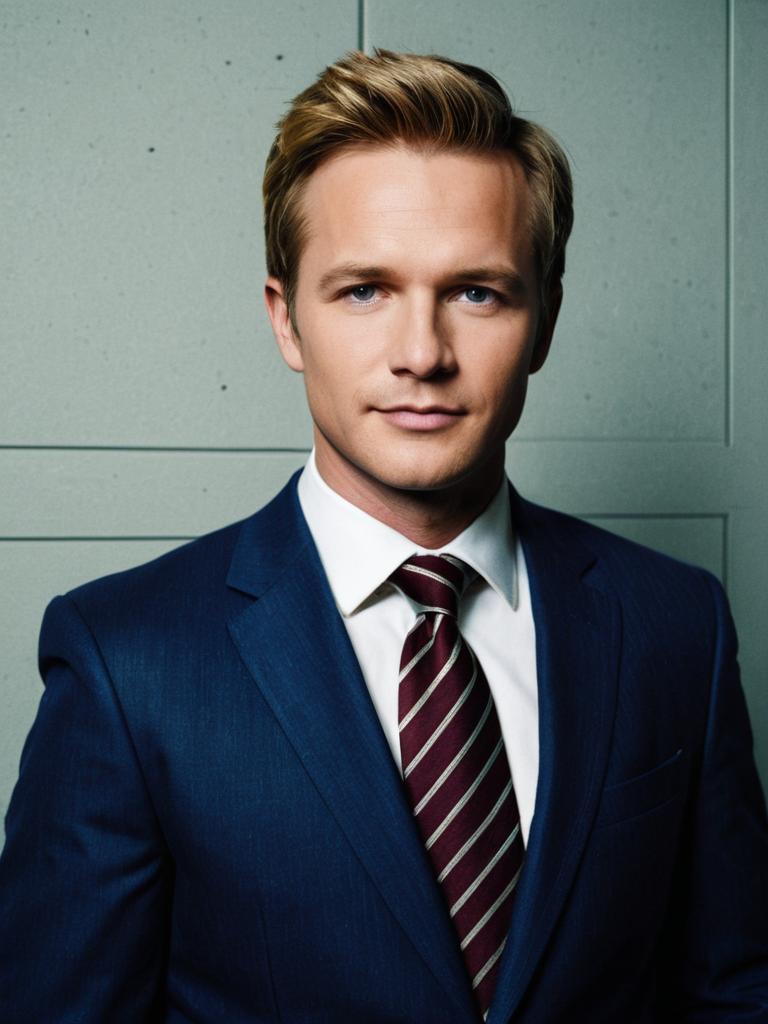Man in Barney Stinson Cosplay Costume Wearing Blue Suit and Striped Tie Realistic Photo Man in Barney Stinson Cosplay Costume Wearing Blue Suit and Striped Tie Realistic Photo