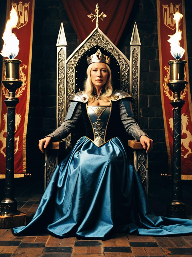 Regal Woman in Excalibur Costume on Medieval Throne Regal Woman in Excalibur Costume on Medieval Throne