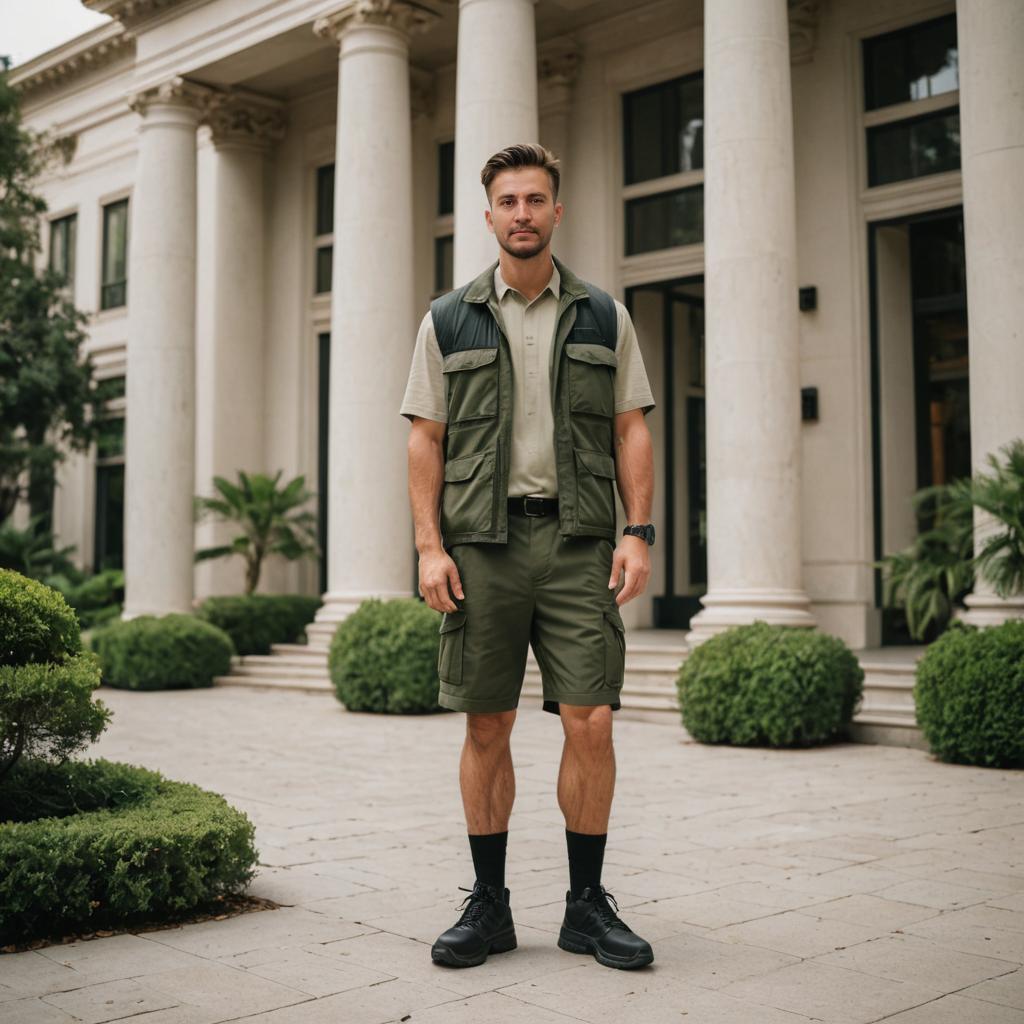 Confident man in earth tones before classical building