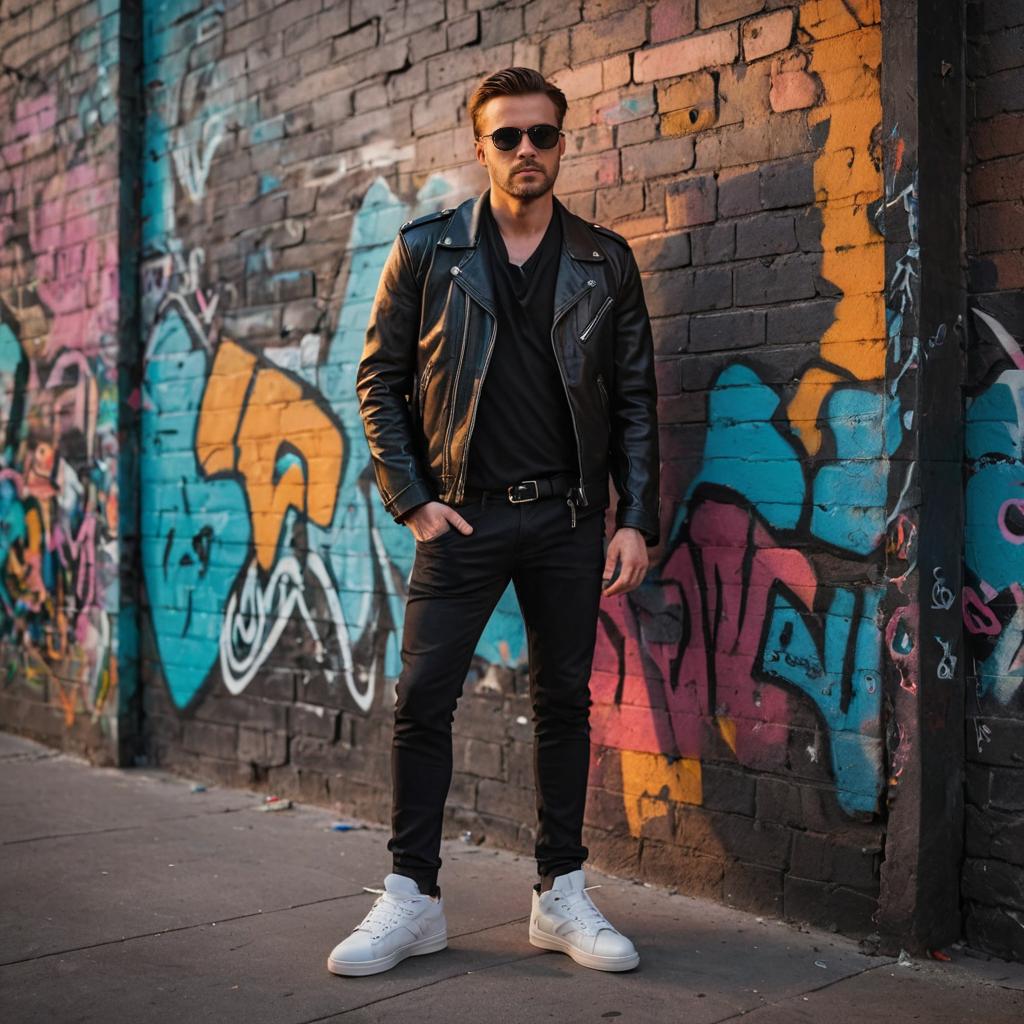 Cool Guy in Leather Jacket Against Graffiti Wall