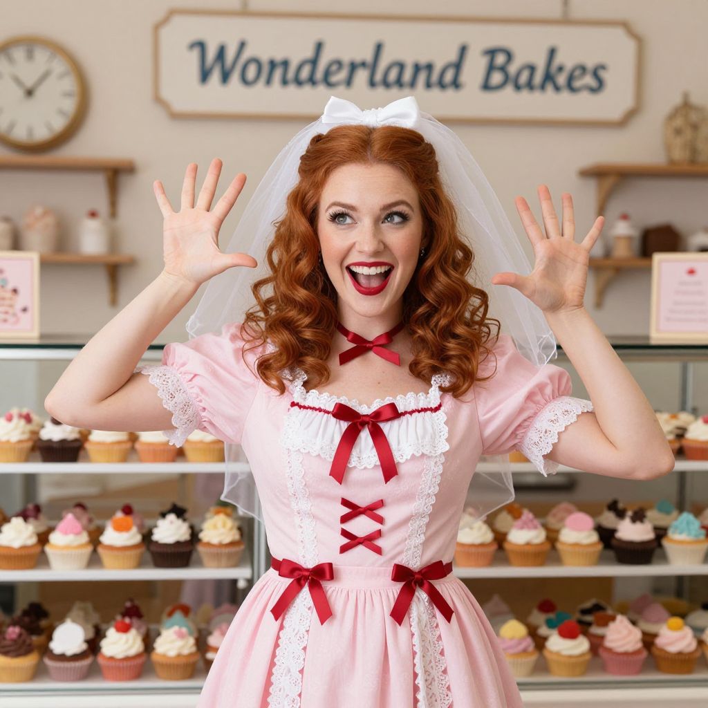 Cheerful Red-Haired Woman in Vintage Dress at Wonderland Bakes Cupcake Shop