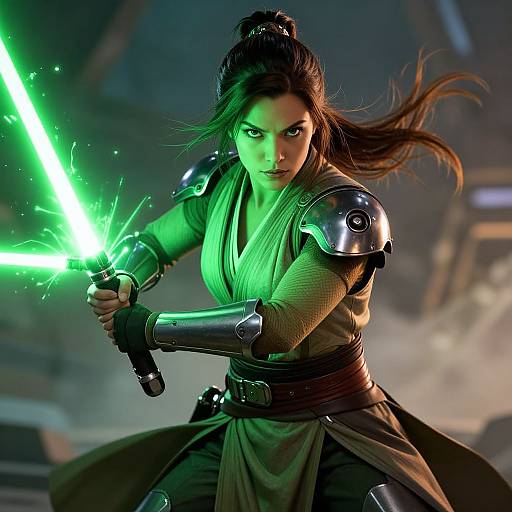 Woman Warrior with Green Dual Lightsaber in Futuristic Armor