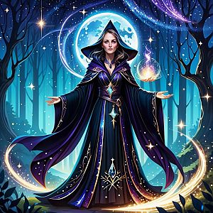Mystical Woman in Enchanted Forest Under Full Moon