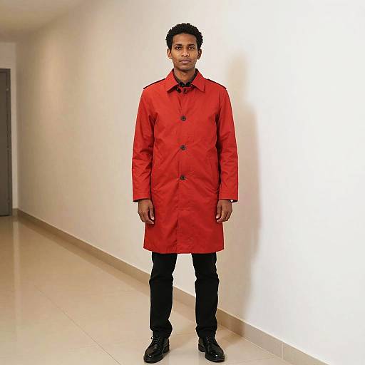Man in Red Coat and Black Pants Standing in Modern Hallway