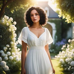 Woman in White Dress in Sunlit Garden