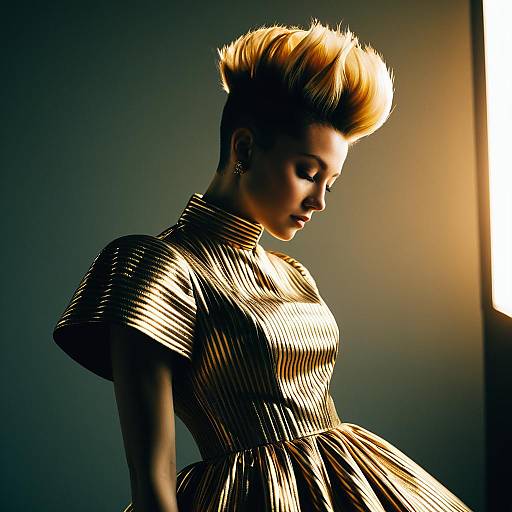 Futuristic Woman in Gold Pleated Dress with Voluminous Blonde Hair