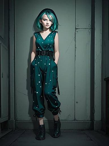 Stylized Digital Art of Woman with Teal Hair in Polka Dot Jumpsuit