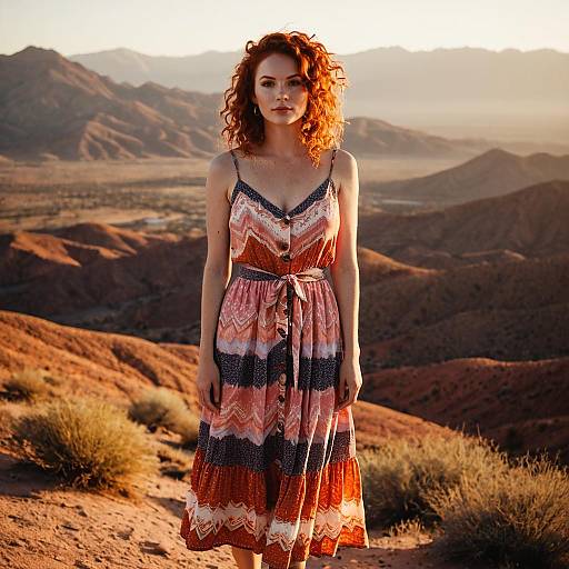 Redhead Woman in Patterned Dress Standing in Sunset Desert Landscape