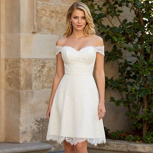 Elegant Off-Shoulder White Lace Dress on Woman by Stone Wall