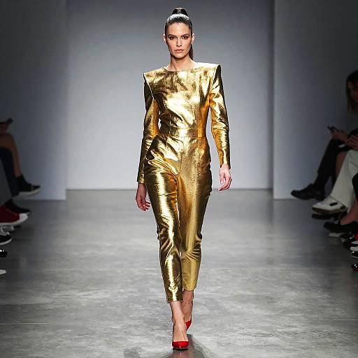 Woman in Metallic Gold Jumpsuit Walking Runway Fashion Show