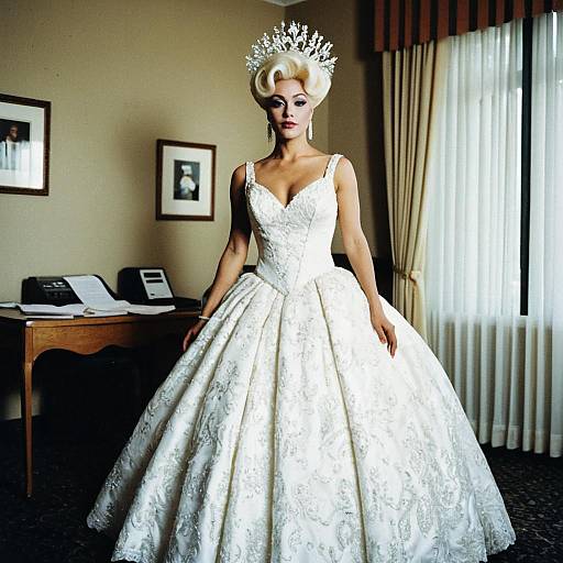 Elegant Drag Queen in Detailed White Wedding Dress with Tiara