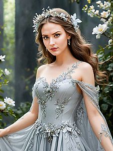 Young Woman in Elegant Silver Gown with Floral Crown