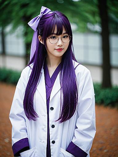 Woman with Purple Hair and Glasses in White Lab Coat Outdoors