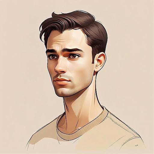 Portrait Illustration of Young Man with Dark Hair in Cartoon Style