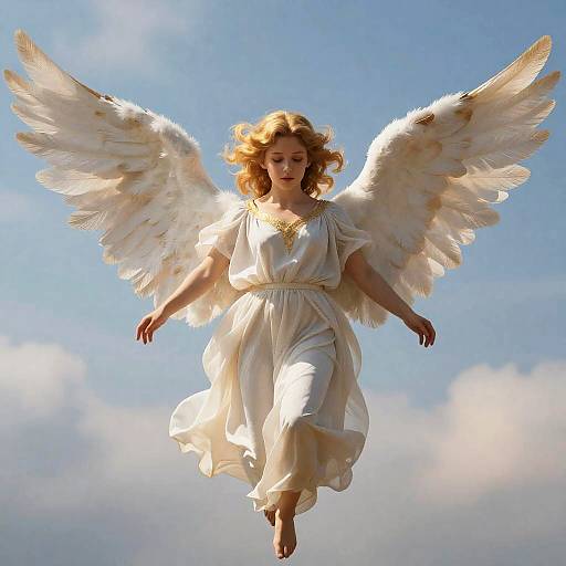Graceful Woman Angel in Flowing White Gown with Wings Against Blue Sky