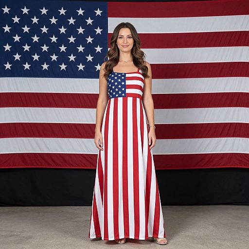 Patriotic Woman Wearing American Flag Dress in Front of US Flag Background