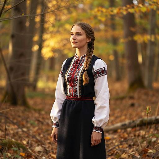 Young Woman in Traditional Embroidered Costume in Autumn Forest