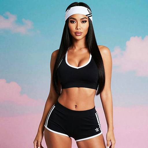 Sporty Young Woman in Black and White Adidas Outfit with Headband
