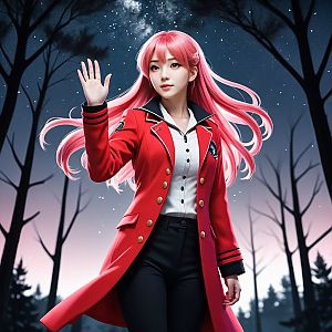 Woman with Pink Hair in Red Coat at Dusk