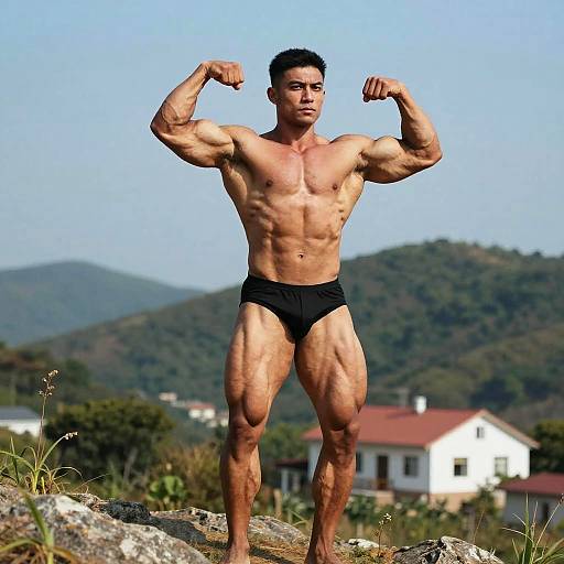 Muscular Man Flexing Outdoors with Scenic Mountain Background
