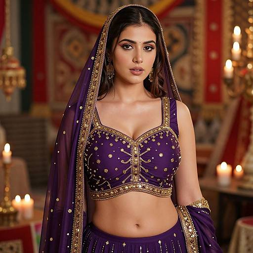 Elegant Woman in Purple and Gold Embroidered Indian Lehenga Choli