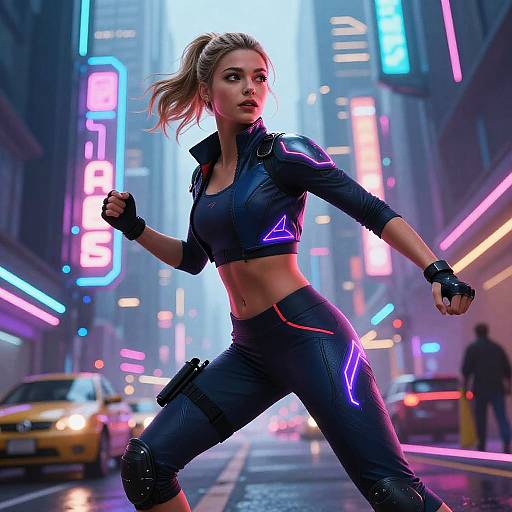 Cyberpunk Woman in Futuristic Athletic Wear in Neon City