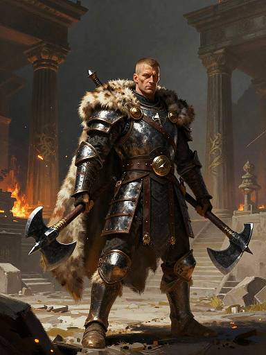 Medieval Warrior in Ornate Armor with Dual Axes in Ancient Temple